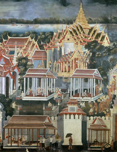Tilbud gitt til munker i Temple of the Emerald Buddha, 1864 (veggmaleri) av Thai School