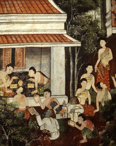 Slottsdamer kjøper smykker og speil fra muslimske kjøpmenn, Rattanakosin-stil (veggmaleri) av Thai School