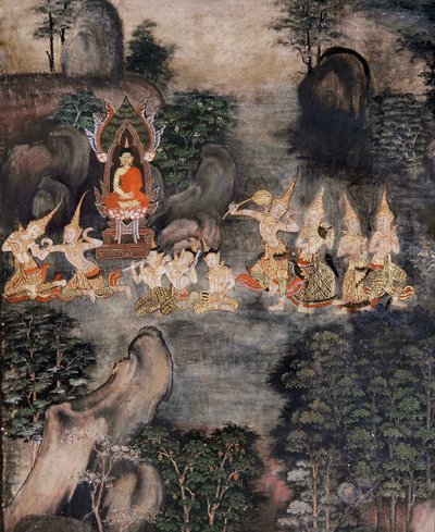 Buddhas fristelse (veggmaleri) av Thai School
