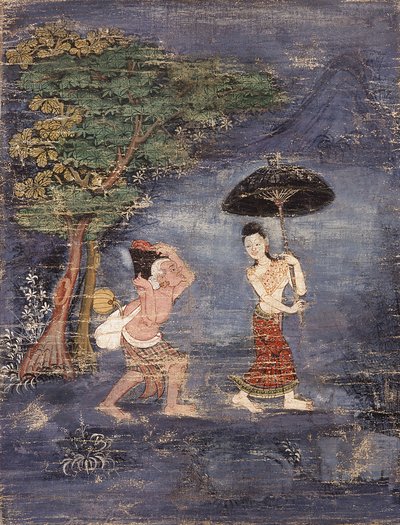 Den eldre Brahmin Jujaka følger sin unge kone (maler på tøy) av Thai School