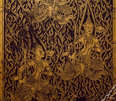 Garderobeskap for sutra, utskåret og lakkert tre, fra Bangkok, Thailand, Detail, Thai Civilization, tidlig på 1800-tallet av Thai School