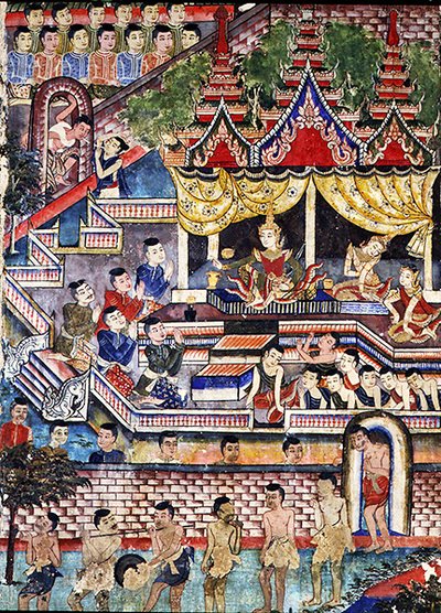 Wiharn Laikarn, episode fra Jataka Sang Thong (fresco) av Thai School
