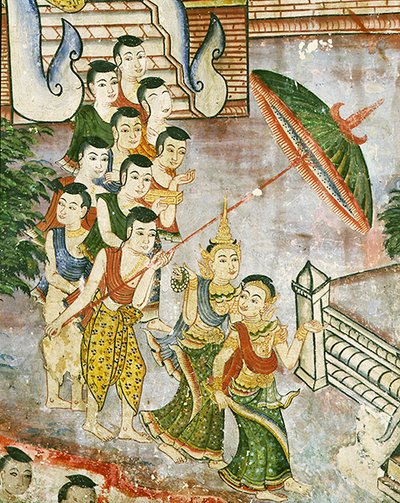 Wiharn Laikarn, episode fra Jataka Sang Thong (fresco) av Thai School