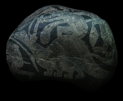 ica steinen. En mann som dreper en dinosaur. av The Ica stones.