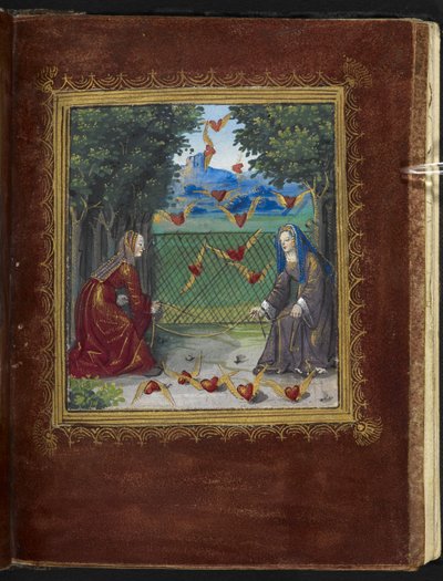 Stowe 955 f.13r Tjenestepiker og bevingede hjerter, miniatyr fra 