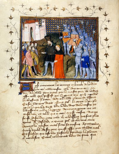 (Hele folioen) Kong Richard II, ledet til fange av Henry Bolingbroke til London, gir avkall på tronen; dekorert kant med tekst under. av The Virgil Master