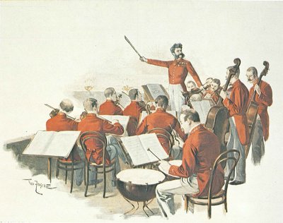 Den østerrikske komponisten Johann Strauss II og hans musikkorps på hoffballet. av Theo Zasche