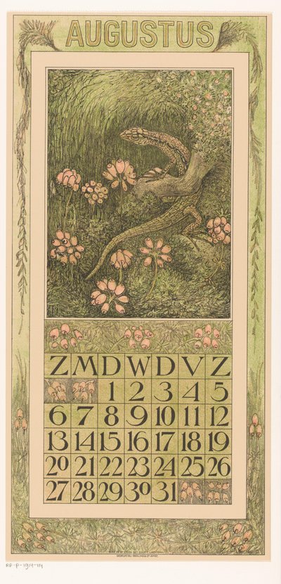 August kalenderside med øgle og lyng Kalender 1911 12 litografier av Th. v. Hoytema (serietittel) av Theo van Hoytema