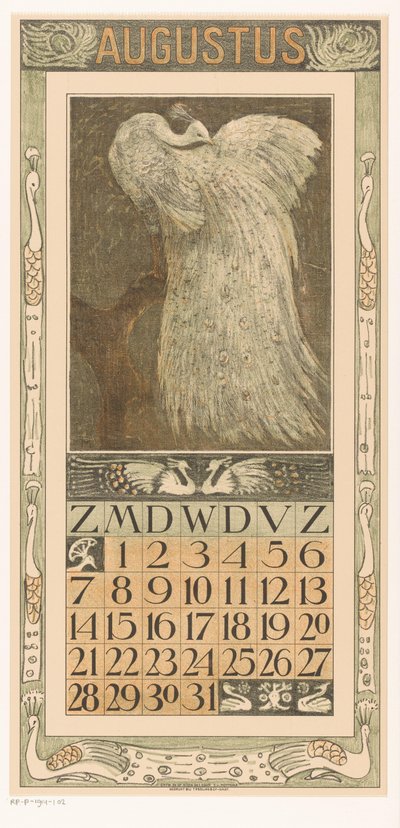 August kalenderside med hvit påfugl Kalender 1910 12 litografier av Th. v. Hoytema (serietittel) av Theo van Hoytema
