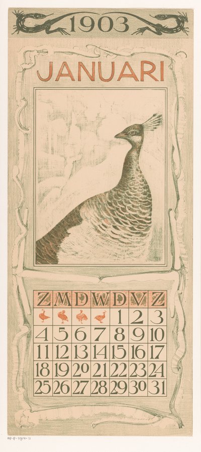 Januar kalenderark med påfugl Kalender 1903 12 litografier av Th. v. Hoytema (serietittel) av Theo van Hoytema