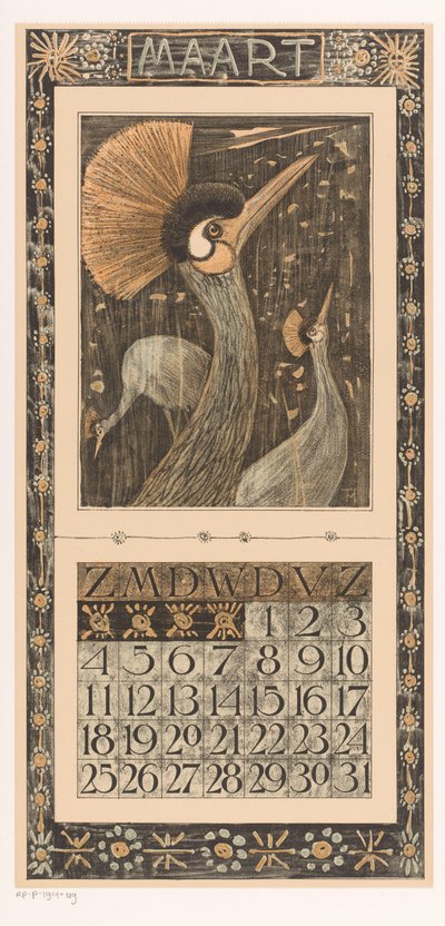 Mars kalenderark med kronekraner Kalender 1906 12 litografi av Th. v. Hoytema (serietittel) av Theo van Hoytema