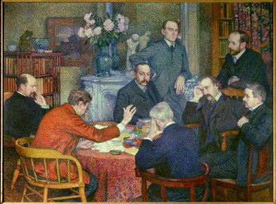 La Lecture (1903), iscenesatt rundt Emile Verhaeren (1855-1916), belgisk sosialistisk poet, maler Cross, forfattere Maurice Maeterlinck, Andre Gide og Francis Viele-Griffin, biolog Henri Gheon, lege Felix Le Dantec og Felix Feneon som røyker en sigarett ,  av Théo van Rysselberghe