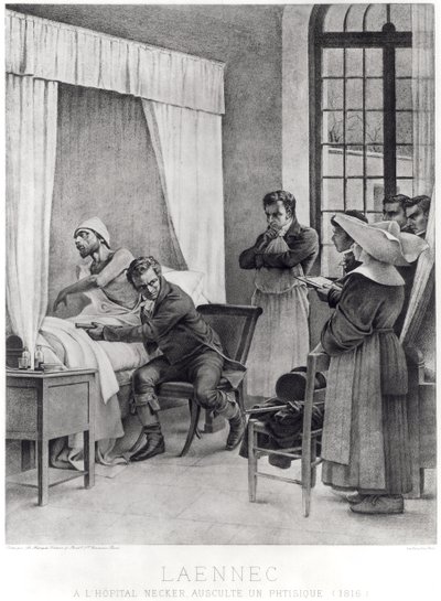 Rene Theophile Hyacinthe Laennec (1781-1826) lytter til brystet til en mann med forbruk, 1816 av Theobald Chartran