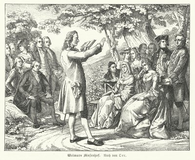 The Weimar Court of the Muses: Tysk poet og dramatiker Friedrich Schiller leser på Schloss Tiefurt, med Christoph Martin Wieland, Johann Wolfgang Goethe og Johann Gottfried Herder blant de som lytter (gravering) av Theobald Reinhold von Oer