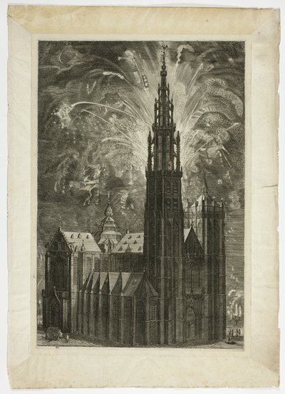 Fyrverkeri rundt Antwerpen-katedralen, plate 41 fra Casperius Gevartius, Pompa Entroitus Honori Serenissimi Prince Ferdinand av Theodoor van Thulden