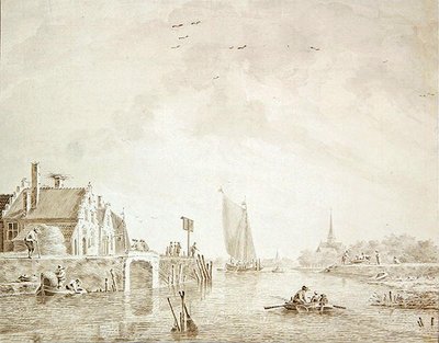 Sending i en elvemunning av en landsby med en by i det fjerne (penn og blekk med vask på papir) av Theodor Verrijk