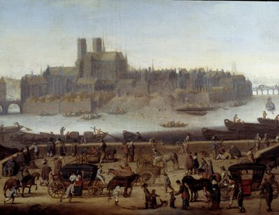 Kaien og Tournelle-broen i Paris Detalj. Utsikt over bryggene og øya La Cite. Maleri tilskrevet Theodor Matham (1606-1676) 1646 Paris, Carnavalet museum av Theodor (attr. to) Matham
