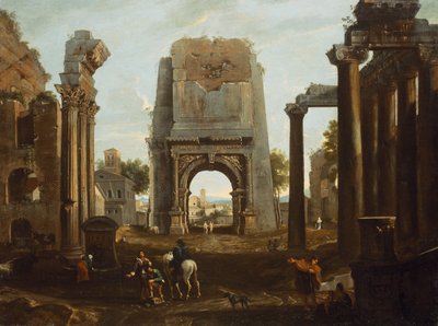 En Capriccio av romerske ruiner med Titusbuen og figurer (olje) av Theodor (circle of) Helmbreker