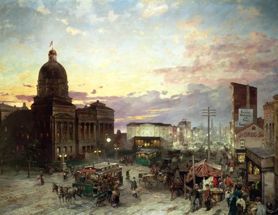 Washington Street, Indianapolis i skumringen (olje på lerret) av Theodor Groll