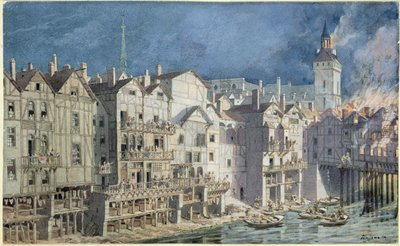 Brann ved Pont aux Meuniers i 1621 (penn og blekk og wc på papir) av Theodor Josef Hubert Hoffbauer