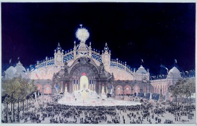 Universell utstilling: "" Utsikt over Palace of Electricite and Water Castle i Paris i 1900"" Trykk av Theodore Joseph Hubert Hoffbauer (1839-1922) kjent som Fedor Hoffbauer. 1900 Paris, Musee Carnavalet av Theodor Josef Hubert Hoffbauer