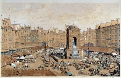 Utsikt over Marche og De uskyldiges fontene i Paris på 1800-tallet. Akvarell av Theodore Joseph Hubert Hoffbauer (1839–1922) Paris fra 1800-tallet, Musée Carnavalet av Theodor Josef Hubert Hoffbauer