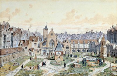 Utsikt over de uskyldiges kirkegård i Paris i 1550. Akvarell av Theodore Joseph Hubert Hoffbauer (1839-1922) Paris fra 1800-tallet, Musee Carnavalet av Theodor Josef Hubert Hoffbauer