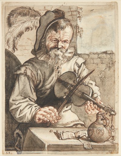 En fiolinist, halvfigur i ansiktet, sittende foran et bord med noter, en tromme og et glass av Theodor Matham