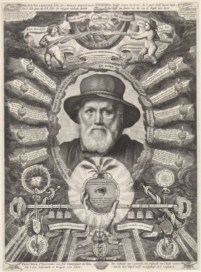 Portrett av Dirck Volckertsz. Koornhjort i allegorisk ramme av Theodor Matham