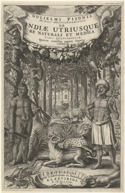 To menn og ville dyr foran en skog Tittelside for: Indiae Utriusque, 1658 av Theodor Matham