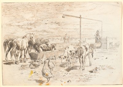 Hester, kalver og gjess ved Holländerbrønden på Saltholm av Theodor Philipsen