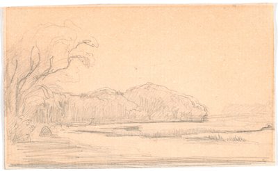 Landskap ved en skogkledd innsjø av Theodor Philipsen