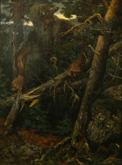 Gammelt troll bryter trær i skogen av Theodor Kittelsen