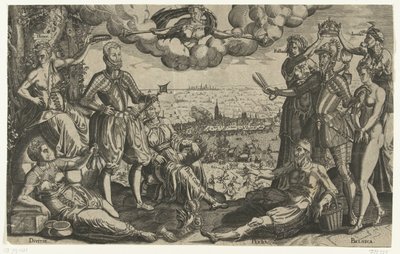 Sammenligning mellom Orange og Alva, med den spanske raseri i bakgrunnen, ca. 1577 av Theodor de Bry (attributed to)