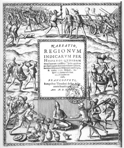 Bartholomew de Las Casas (1474–1566) fordømmer den grusomme behandlingen av indianerne av conquistadorene, fra #39;Narratio Regionum Indicarrum per Hispanos#39; (gravering) (s/h-foto) av Theodor de Bry