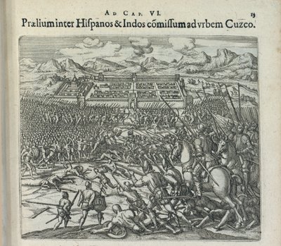 Kamp mellom spanjolene og indianerne ved portene til Cuzco, 1596. av Theodor de Bry