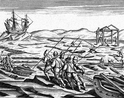 Bygging av et hus for vinteren på Nordpolen, ca. 1600 (gravering) av Theodor de Bry