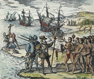 Columbus lander i India. 1594 (xylografi) av Theodor de Bry