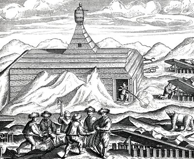 Kutter opp en bjørn på Nordpolen, ca. 1600 (gravert) av Theodor de Bry