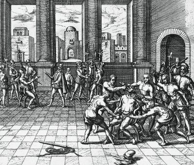 Inka-keiser Atahualpa blir garrotert av Pizarros tropper, 26. juli av Theodor de Bry