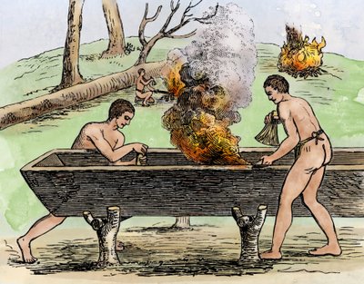 Indianere som lager en kano, som viser stammen til et tre ved ild og graving med herbetter. Gravering 1590 av Theodore De Bry, fargerik 1800-tall. av Theodor de Bry