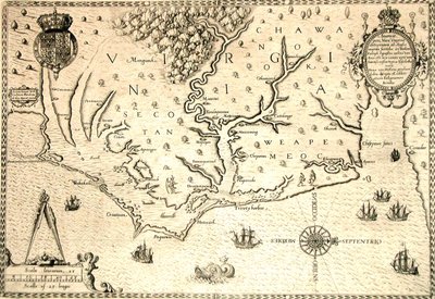 Kart over 1590 gravert av Theodore de Bry etter akvarell av den engelske kolonisten John White, guvernør i Roanoke. Virginia og kysten med små øyer og Roanoke ved munningen av elven. Secotan og Weapemeocs hjemland. av Theodor de Bry