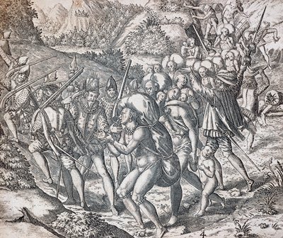 Innfødte blir satt ombord på skip for å bli ført til slaveri i Sevilla, gravering av Theodor de Bry (1528-1598), Antillene av Theodor de Bry