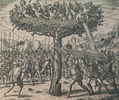 Innfødte gjemmer seg i trærne og kjemper mot erobrerne av Theodor de Bry