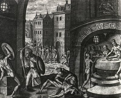 Prest dreper offer for falsk kamp og flår deretter kroppen, Mexico, gravering fra Peregrinationes, av Theodor de Bry (1528-1598), Mellom-Amerika av Theodor de Bry
