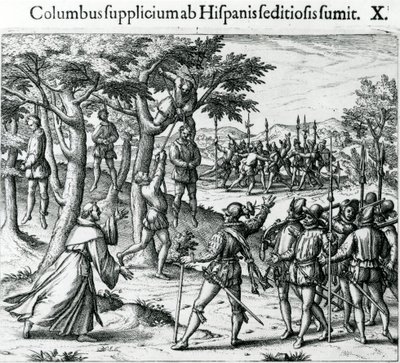 Dommen til hengingen av noen av Christopher Columbus#39; menn i den nye verden av Theodor de Bry