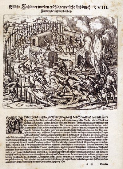 Sør-Amerika: Spanske conquistadorer brenner og plyndrer en urbefolkningslandsby av Theodor de Bry