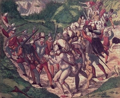Petrus de Calyces grusomhet: Indiske slaver i Peru mishandlet av spanske soldater (gravering) av Theodor de Bry