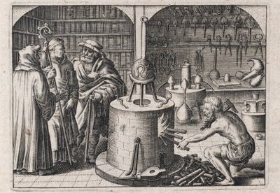 Tre lærde samtaler i alkymiverkstedet, med ovn og instrumenter - Gravering av Theodore de Bry (1528-1598), for alkymiavhandlingen ""Tripus avreus, hoc est, Tres tractatus chymici selectissimi"" av Michael Maier (1569-1622) av Theodor de Bry