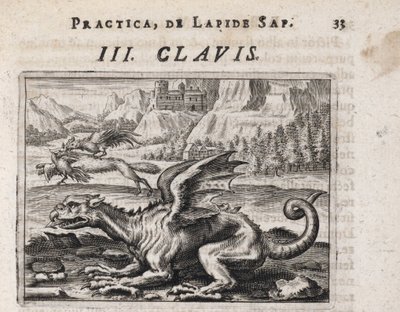 En drage, i bakgrunnen, en høne-tyver ulv, angrepet av en hane - Gravering av Theodore de Bry (1528-1598), for alkymiavhandlingen ""Tripus avreus, hoc est, Tres tractatus chymici selectissimi" " av Michael Maier (1569-1622) av Theodor de Bry